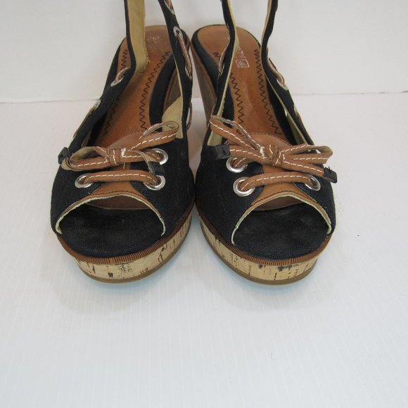 Sperry Black Wedge Sling Back Peep Toe Heels Sandals - Picture 2 of 10